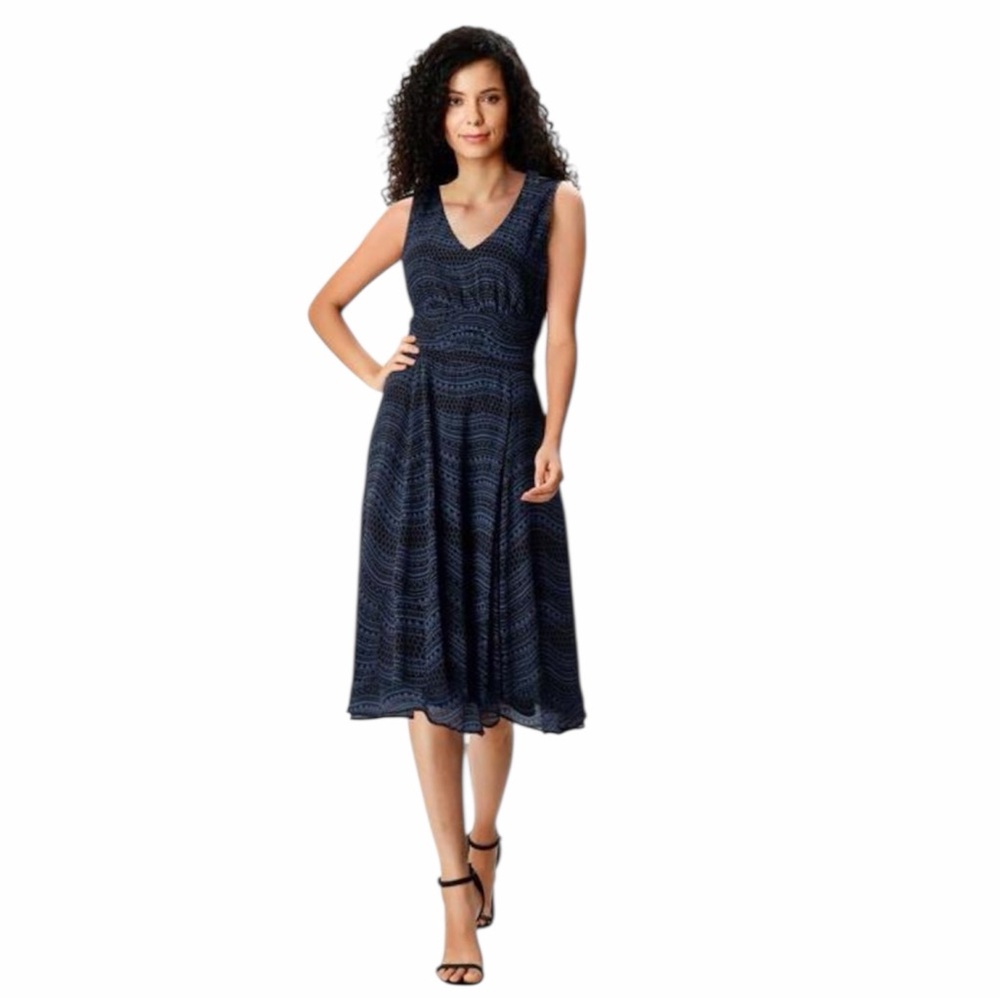 Eshakti Stripe Lace Print Georgette Pleated Empire Waist Dress Sz 3X or 24W - Picture 1 of 8